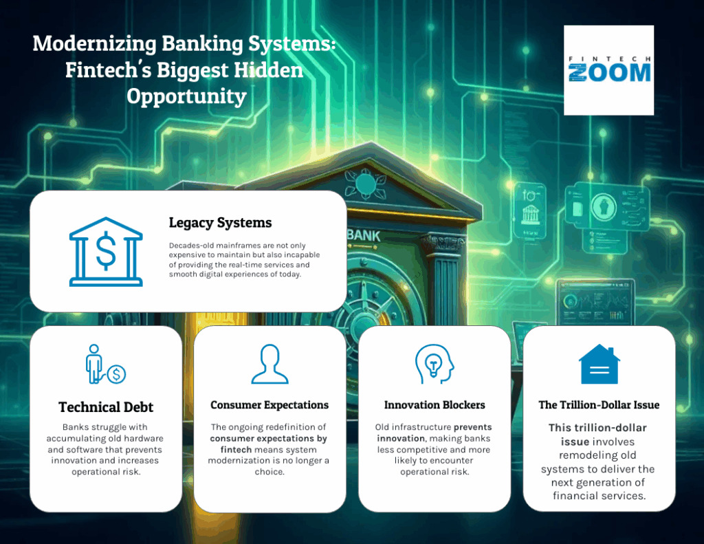 A digital illustration of a bank building with futuristic neon lines, highlighting key issues in modernizing banking systems: legacy systems, technical debt, consumer expectations, innovation blockers, and the trillion-dollar opportunity. | FintechZoom