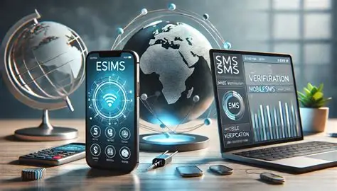A smartphone, laptop, and other tech devices sit on a desk with a digital globe and network icons, illustrating global digital communication, eSIMs for connectivity, and SMS verification methods. | FintechZoom