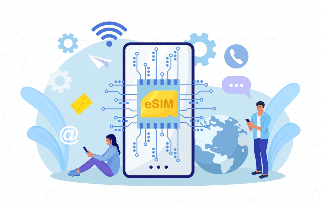 Illustration of a large smartphone with an eSIM card on its screen, surrounded by digital icons, a globe, gears, and two people using mobile devices, symbolizing digital connectivity and wireless communication. | FintechZoom