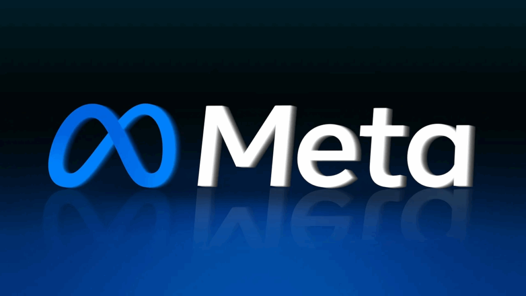 The Meta brand logo, featuring a blue infinity symbol next to the word "Meta" in white letters, is displayed on a dark blue gradient background with a reflective surface. | FintechZoom