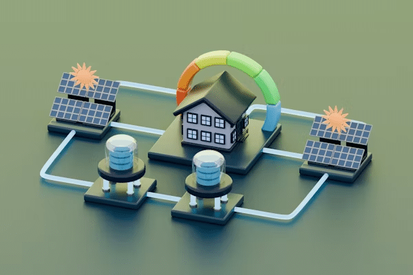 3D illustration of a house connected to solar panels and battery storage units, with energy flow represented by lines and a semicircular energy efficiency gauge above the house. | FintechZoom