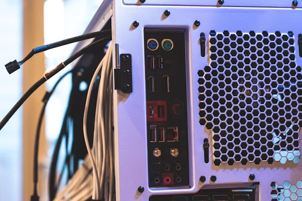 Close-up of the back panel of a desktop computer showing multiple input and output ports, including USB, HDMI, audio jacks, and Ethernet, with connected white and black cables on the left. | FintechZoom