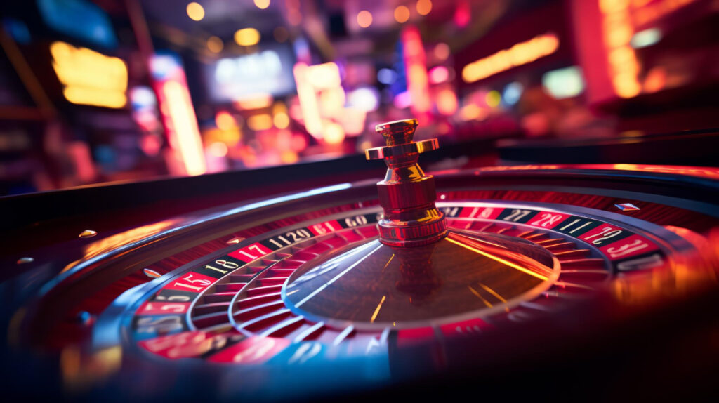 A close-up of a spinning roulette wheel in a vibrant casino, with colorful, blurred lights and gaming machines in the background. | FintechZoom