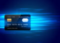 A digital illustration of a credit card with a chip, card type, bank name, numbers, and cardholder name, set against a blue, futuristic, glowing background with horizontal light streaks. | FintechZoom