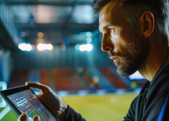 A focused man holds a tablet, analyzing data or strategy, inside a brightly lit indoor sports arena with a tennis court in the background. | FintechZoom