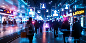 A busy city street at night with people walking, surrounded by digital icons and profiles, symbolizing data tracking, artificial intelligence, surveillance, or social networking in an urban environment. | FintechZoom