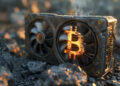 A glowing gold Bitcoin symbol is embedded in a graphics card resting on dark, rocky ground with blurred, fiery lights in the background. | FintechZoom