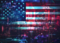 Digital collage of the American flag blended with a cityscape at night, overlaid with glowing circuit patterns, symbolizing technology and innovation in the United States. | FintechZoom