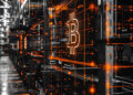 A futuristic server room with glowing orange Bitcoin symbols and digital light effects, representing cryptocurrency mining or blockchain technology. Rows of servers line the room, creating a high-tech, digital atmosphere. | FintechZoom