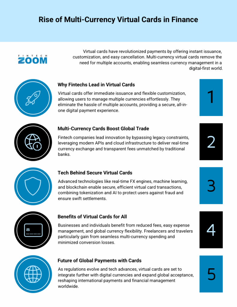 An infographic titled "Rise of Multi-Currency Virtual Cards in Finance" lists five benefits, including instant issuance, global transactions, advanced security, accessibility, and growth predictions, each with brief descriptions and numbered icons. | FintechZoom