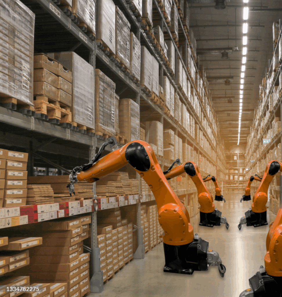 Four orange robotic arms organize and move boxes on tall metal shelves in a large warehouse, demonstrating automated inventory management. | FintechZoom