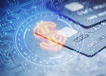 A close-up of a credit card with digital circuit patterns and a glowing dollar sign overlay, symbolizing digital payments and financial technology. | FintechZoom