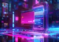 A digital illustration of a glowing pink credit card floating in front of a transparent smartphone with a digital interface, set against a futuristic, neon-lit background with blue and pink hues. | FintechZoom