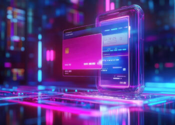 A digital illustration of a glowing pink credit card floating in front of a transparent smartphone with a digital interface, set against a futuristic, neon-lit background with blue and pink hues. | FintechZoom