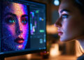 A woman closely examines a computer screen displaying digital art of a face covered in bright, colorful glitter, mirroring her own features, in a dimly lit creative workspace. | FintechZoom