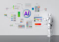 A humanoid robot interacts with a digital interface displaying “AI” at the center, surrounded by charts and icons representing data analysis, retail, service, manufacturing, supply chain, and distribution. | FintechZoom