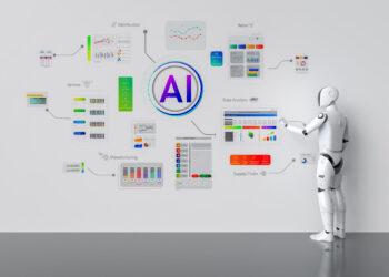A humanoid robot interacts with a digital interface displaying “AI” at the center, surrounded by charts and icons representing data analysis, retail, service, manufacturing, supply chain, and distribution. | FintechZoom
