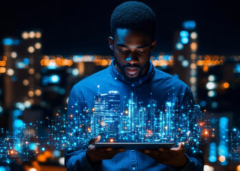 A man stands outdoors at night holding a tablet, with a glowing digital cityscape hologram projected above it. Blurred city lights shine in the background, creating a futuristic atmosphere. | FintechZoom