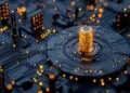 A glowing stack of golden coins sits at the center of a futuristic circuit board, surrounded by illuminated orange lights and electronic components, symbolizing digital currency and technology. | FintechZoom
