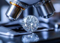 A round-cut diamond is placed under the lens of a microscope, with the microscope’s metal parts and glass lights visible in the background. The diamond’s facets reflect light, emphasizing its clarity and brilliance. | FintechZoom