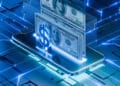 A digital illustration of a smartphone with floating holographic dollar bills and a large dollar sign, representing online money transfer on a futuristic blue circuit board background. | FintechZoom
