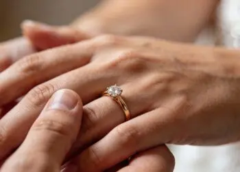 A close-up of one hand gently placing a gold ring with a prominent diamond on another person's ring finger, symbolizing an engagement or marriage. The background is softly blurred. | FintechZoom