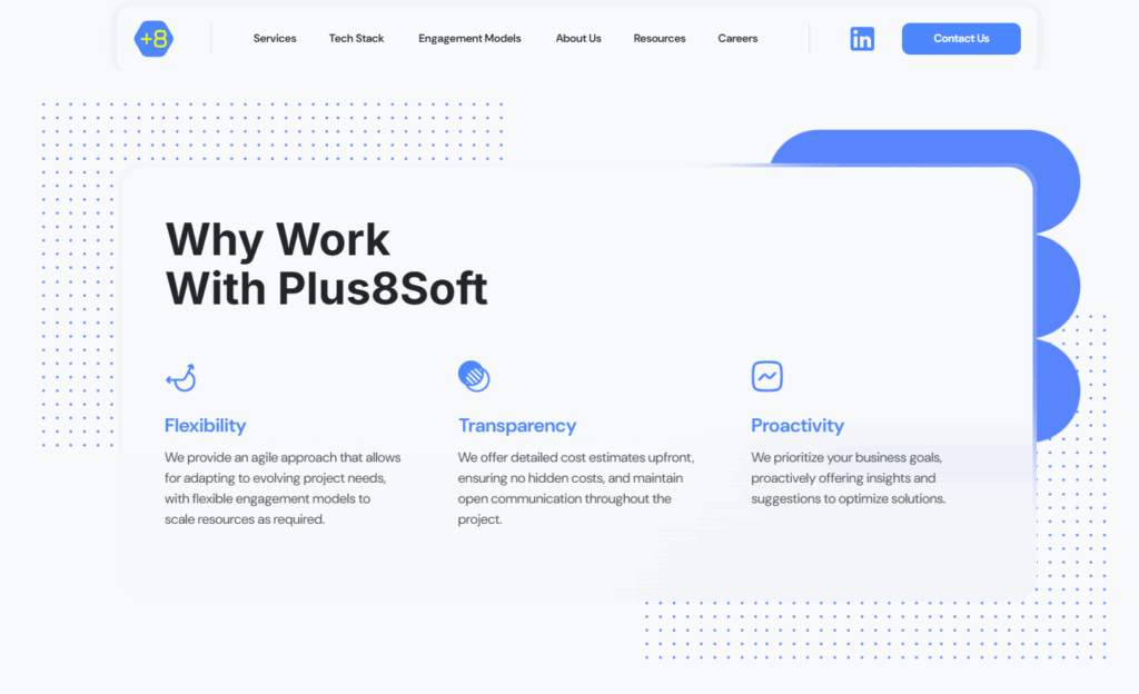 A website section titled "Why Work With Plus8Soft" lists three benefits: Flexibility, Transparency, and Proactivity, each with a related icon and brief description, on a white and blue modern graphic background. | FintechZoom