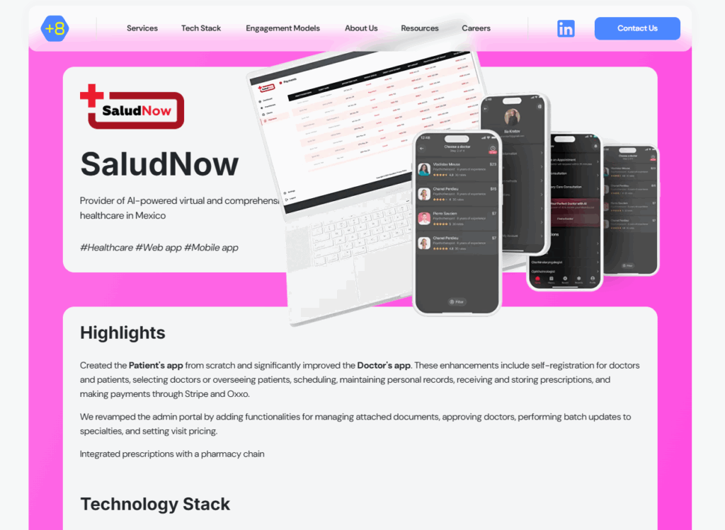 Screenshot of the SaludNow website displaying virtual healthcare services. The page shows a SaludNow logo, laptops and smartphones with app interfaces, a highlights section, and navigation links on a pink and white background. | FintechZoom