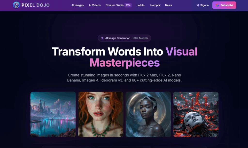A website homepage for Pixel Dojo features the headline "Transform Words Into Visual Masterpieces" above sample AI-generated images, including digital portraits and fantasy landscapes, with a purple-themed interface. | FintechZoom