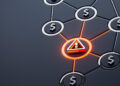 A network diagram with dollar symbols connected by lines, highlighting a glowing red warning triangle with an exclamation mark at the centre, indicating a financial risk or alert. | FintechZoom