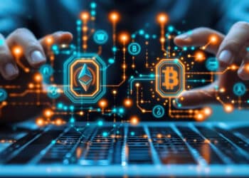 Hands hover over a laptop keyboard with glowing digital icons of Ethereum and Bitcoin connected by bright circuit-like lines, symbolizing cryptocurrency and blockchain technology. | FintechZoom