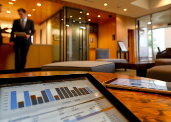 A tablet displaying bar charts and graphs sits on a wooden table in a modern office reception, with two blurred people in business attire talking in the background. A mobile phone lies next to the tablet. | FintechZoom