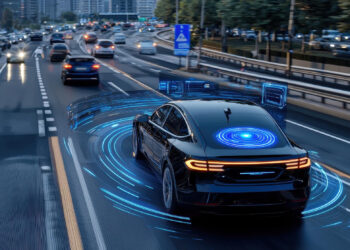 A black car drives on a busy city motorway with digital blue light graphics depicting self-driving or autonomous vehicle technology sensing its surroundings. Other vehicles and buildings are in the background. | FintechZoom