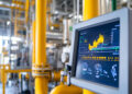 A digital display shows industrial data, graphs, and gauges in a factory setting with yellow pipes and metal equipment in the background. | FintechZoom
