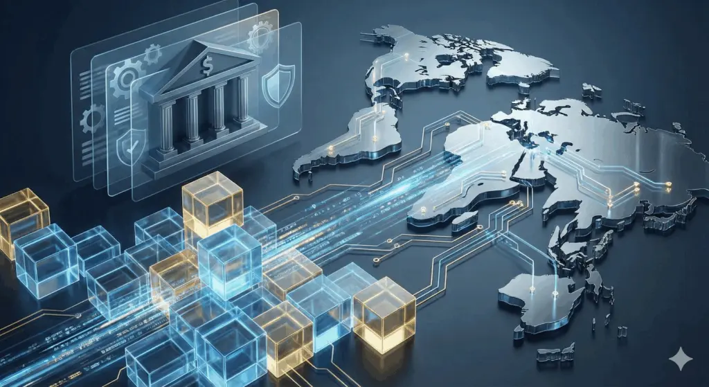 A digital illustration showing a 3D map of the world, glowing blockchain cubes, and an icon of a bank, representing global digital banking and blockchain technology. | FintechZoom