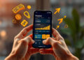 A person holds a mobile phone displaying a finance app with graphs and account balances; illustrated icons of money, coins, arrows, and lightbulb surround the phone, symbolising financial growth and ideas. | FintechZoom