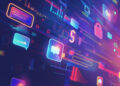 Colourful digital icons, including chat bubbles, locks, dollar signs, and gears, float against a dark, abstract background with streaks of light, representing technology, communication, security, and digital connectivity. | FintechZoom