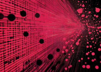 Abstract digital art with red and black tones, featuring lines, dots, and particles converging towards a bright centre, creating a sense of depth, motion, and energy. | FintechZoom