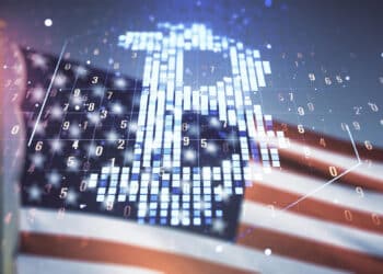 A digital illustration of the Russian rouble symbol made of glowing numbers overlays a blurred American flag, suggesting themes of finance, technology, and international relations. | FintechZoom