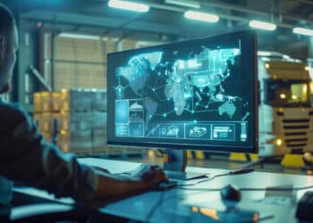 A person at a desk monitors a computer screen displaying global logistics data and maps in a warehouse with lorries and stacked boxes in the background, illuminated by industrial lighting. | FintechZoom