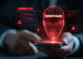 A person uses a mobile phone, and a glowing red wireframe head labelled "DEEPFAKE" appears above the screen, surrounded by digital warning icons and interface elements, suggesting artificial intelligence and misinformation. | FintechZoom