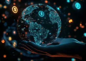 A glowing digital globe with data patterns and currency symbols floats above an open hand in a dark, futuristic setting, representing global finance and technology. | FintechZoom