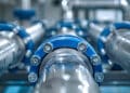Close-up view of several shiny metal pipes with blue circular fittings and bolts, arranged parallel in an industrial setting. The pipes appear clean and polished, reflecting light in a modern facility environment. | FintechZoom