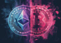 A digital illustration of the Ethereum logo on a blue, circuit-like coin merging with the Bitcoin logo on a pink coin, both set against a dark, abstract background with geometric shapes and splashes of colour. | FintechZoom