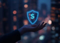 A hand is held out in front of a cityscape at night, with a glowing blue shield featuring a dollar sign floating above the palm, symbolising financial security and protection. | FintechZoom