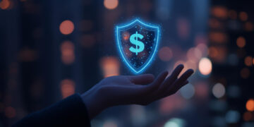 A hand is held out in front of a cityscape at night, with a glowing blue shield featuring a dollar sign floating above the palm, symbolising financial security and protection. | FintechZoom