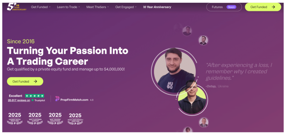 A purple website banner reads “Turning Your Passion Into A Trading Career,” promoting a trading fund. It features two men’s portraits, customer ratings, awards from 2025, and a testimonial about trading loss. | FintechZoom