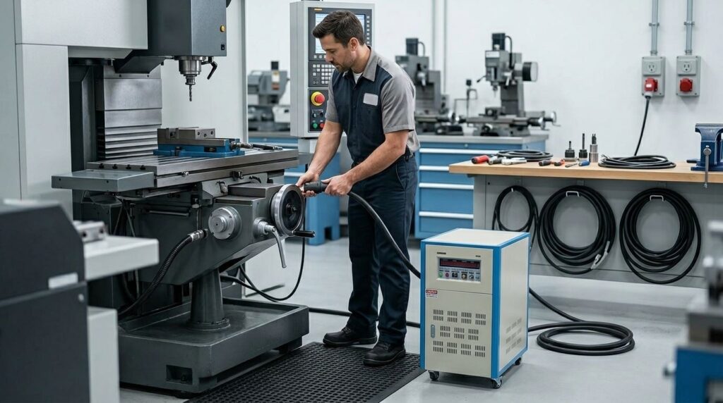 A man in work clothes operates a large industrial machine in a workshop, connecting a thick cable to the equipment. Various tools, cables, and machines are visible in the clean, organised workspace. | FintechZoom
