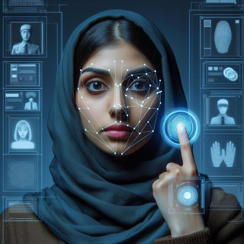 A woman in a hijab interacts with a futuristic touch screen, featuring facial recognition graphics and digital profile images, symbolising biometric technology and identity verification - set against the emerging threat of AI deepfakes that challenge the reliability of such systems. FintechZoom