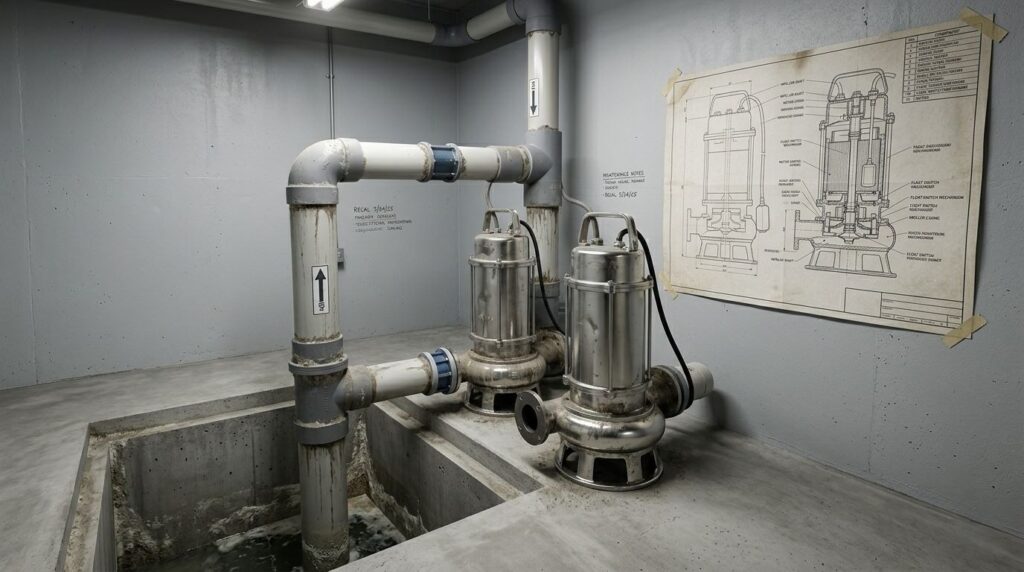 Two large metal pumps connected to PVC pipes are installed on a concrete floor beside an open water pit. A technical diagram of the pump system is taped to the wall behind the equipment. The room is industrial and clean. | FintechZoom